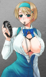 bb big_breasts blonde_hair blush bondage breasts chains collar large_breasts mouth_hold nipples overalls ukraine_(hetalia)