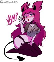 1girls artist_name ass big_ass blowjob_gesture blue_eyes blush blush_lines blushing blushing_at_viewer breasts cat_thighhighs crop_top curvy curvy_female curvy_figure demon demon_girl demon_horns demon_tail devil_horns fellatio_gesture female female_focus female_only gesture hand_between_legs hi_res horns liamvickers_98 long_hair long_hair_female looking_at_viewer mouth_open necklace nipples nipples_visible_through_clothing on_knees original original_character pale_skin panties pink_skin purple_hair purple_panties purple_thighhighs sexy simple_background sitting_on_knees slutty solo solo_female solo_focus spade_tail tagme tail thick_thighs thighhighs thighs tongue tongue_out white_background