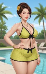 ai_assisted ai_generated armpit_crease belly_button bow_accessory bow_ribbon bracelet brunette_hair cleavage earrings eyelashes female flower_in_hair frill_trim gemini hair_bun hair_strand hand_on_hip light-skinned_female lipstick looking_at_viewer lounge_chair medium_breasts midriff milf miniskirt necklace one_hand_on_hip palm_tree pattern_clothing pink_eyes poolside rgomez007 seductive_look self_upload smiling_at_viewer solo_female stable_diffusion standing swimming_pool thick_lips thick_thighs updo voluptuous wide_hips yellow_clothing