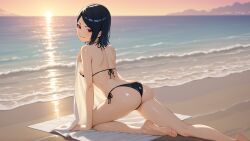 1girl 1girls female female_only pussy tits_out nipples pink_nipples bra garter_straps solo horny laying_down seductive lewd looking_at_viewer beach sunset water ocean dominant ass boobs booty ai_generated thong sarada_uchiha naruto_(series) animated anime
