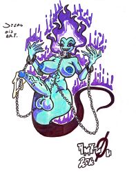 oc original_character ghost ghost_girl big_breasts thick_thighs wide_hips fire_hair long_tongue black_eyes ahe_gao futanari futa_only chains chain_necklace chain_bracelet chain_between_breasts erection erect_penis veiny_penis precum blue_body blue_nipples six_pack purple_eyes purple_hair smile smug_face aura traditional_media_(artwork) traditional_art amazonrider