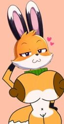 lupi_(lupi_&_banduki) lupi_&_baduki discovery_kids original_character munchykirby1 light_orange_background anthro fox orange_body :3 fox_tail bunny_ears model_pose breasts brown_nipples nipples vagina naked nude_anthro tagme edit edited cartoon digital_media_(artwork) ai_generated