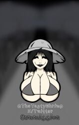 hasshaku-sama hachishakusama japanese_mythology straw_hat pale_skin pale-skinned_female white_skin black_hair grey_bra breasts breasts_bigger_than_head big_breasts bigger_breasts hyper_breasts thetastyshrimp mythology