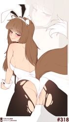 1girl absurdres after_anal animal_ear_fluff animal_ears ass bare_back blunt_bangs blush breasts brown_hair clothing_aside commentary cum cum_in_ass cum_in_pussy english_commentary fake_animal_ears from_behind highres holo leotard leotard_aside likunea long_hair looking_at_viewer looking_back medium_breasts pantyhose patreon_logo patreon_username playboy_bunny pussy rabbit_ears red_eyes sideboob sidelocks simple_background small_breasts spice_and_wolf tail torn_clothes torn_pantyhose twitter_username twitter_x_logo uncensored white_leotard wolf_ears wolf_girl wolf_tail zoom_layer