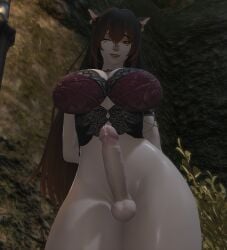 1futa 3d animal_ears black_hair bracelets closed_eyes curvy cute earrings fangs final_fantasy_xiv futa_only futanari gpose_(ffxiv) lingerie_bra miqo'te mostly_nude orange_highlights outside pubes shy smiling tagme tail veyleafterdark