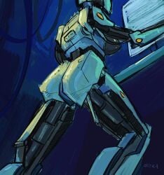 1female 1girl 1girls aperture_science big_butt breasts butt butt_focus computer crotch glados glados_(humanoid) groin humanoid low_angle low_angle_view machine oxtra portal_(series) robot screen sideboob thick_thighs