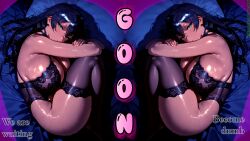 ai_generated caption text green_eyes black_hair dark_skin gdala_fia gdala_fia_(series) gdalafia huge_breasts looking_at_viewer on_bed black_lingerie expressionless big_ass