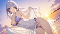 1girl ai_generated animated anime ass beach blush boobs breasts cheeks female female_only fuckable_butt genshin_impact high_resolution highres horny hoyoverse kamisato_ayaka light_skin naked nipples no_bra no_panties ocean palm_tree pink_hair pink_nipples pussy revealing revealing_clothes seaside slim sunset tits