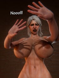 zeratulc 3d cd_projekt_red the_witcher_(series) the_witcher_3:_wild_hunt ciri white_hair green_eyes mascara scar freckles freckles_on_face female light_skin light-skinned_female solo solo_female nude completely_nude 1girls breasts nipples meme meme_reference hands_casting_shadow text english_text big_breasts breast_expansion black_lipstick