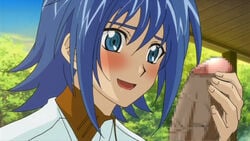 1boy aichi_sendou blue_hair blush cardfight!!_vanguard censored dark_penis gay interracial male penis