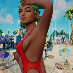 3d armpits arms_up bathing_suit dark_skin ebony fortnite siona_(fortnite) sweatdrop