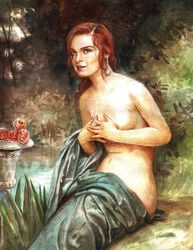 1girls aphrodite aphrodite_(greek_mythology) areolae blue_eyes bottomwear earrings female female_focus female_only front_view greek_mythology looking_at_viewer mythology navel nipples nude nude_female outdoors painting_(artwork) red_hair roman_mythology tagme topless venus