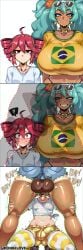 ai_generated birdbrain_(synthesizer_v) brazilian brazilian_female brazilian_flag brazilian_miku comic crop_top dark_balls deepthroat donbeboys futa_on_female futa_on_futa futanari gigantic_breasts hair_drills hatsune_miku height_difference huge_breasts huge_testicles imminent_oral imminent_penetration imminent_sex kasane_teto midriff nervous nervous_smile nervous_sweat oral oral_penetration oral_sex plap red_hair size_difference smug striped_legwear sword_swallowing_position tanline tanlines throat_bulge throat_fuck throat_swabbing trend verification white_top