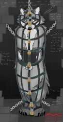 2025 absurd_res anthro bdsm biped black_nose blush bondage bound chastity_cage chastity_device dialogue digital_media_(artwork) embarrassed encasement english_text fur gibbet grey_body grey_fur hi_res immobilization immurement lock male mammal markings nitroft nitroft_(artist) nude offscreen_character padlock permanent permanent_bondage procyonid raccoon solo striped_markings striped_tail stripes tail tail_markings text whiskers