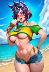 ai ai_generated ai_assisted sexy_body 1girls morgana league_of_legends prussia123 goth_girl goth purple_hair sexy_clothing sexy_female brazil brazilian_flag brazil_shirt beach sunny purple_eyes shorts jean_shorts bikini bikini_bottom crop_top seductive seductive_look licking ice_cream melting tounge_out underboob