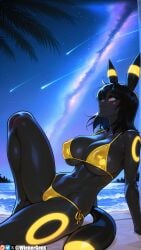 1girl breasts umbreon swimsuit bikini tail night red_eyes solo outdoors medium_hair black_hair shooting_star star_(sky) dark-skinned_female large_breasts animal_ears sky dark_skin sitting beach personification starry_sky yellow_bikini covered_nipples palm_tree navel night_sky tree colored_skin side-tie_bikini_bottom watermark arm_support pokemon_(creature) knee_up bangs sand shiny patreon_logo cleavage gold_bikini red_sclera closed_mouth patreon_username shiny_skin ocean black_fur thighs toned furry_female hair_between_eyes water underboob black_skin stomach glowing looking_up furry web_address strap_gap grey_skin artist_name huge_breasts tattoo cameltoe string_bikini parted_lips abs leaning_back collarbone day shore colored_sclera moon ai_generated wienergens patreon nintendo pokemon eeveelution generation_2_pokemon pokemon_(species)