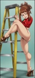 ochako_uraraka solo uraraka_ochako my_hero_academia smile provocative high_heels legs thick_thighs thick_legs brown_hair big_ass