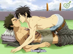 2boys black_hair gen_shishio kekkaishi kissing male male_only multiple_males tagme tattoo yaoi yoshimori_sumimura