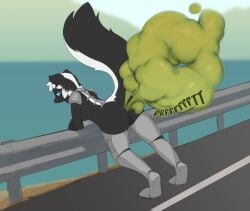 2023 anthro anus big_butt biped black_body black_fur black_hair black_tail black_vulva blue_eyes blue_sky butt closed_smile cybernetic_leg cybernetic_limb cybernetics cyborg day english_text fart fart_cloud female female_farting fluffy fluffy_tail fur genitals green_fart_cloud green_text grey_body guardrail hair hi_res humanoid_genitalia humanoid_vulva lake leaning_on_railing lichee looking_back machine mammal mephitid mountain mouth_closed multicolored_body multicolored_fur multicolored_hair nude nude_anthro nude_female onomatopoeia outside pink_anus pink_nose plantigrade pupils raised_tail short_hair skunk sky smile snout solo sound_effects street striped_skunk tail text two_tone_body two_tone_fur two_tone_hair two_tone_tail vulva white_body white_fur white_hair white_tail