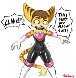 1boy 2026 absurd_res anthro balls_outline blush bodysuit bulge clothed clothing crossdressing crossover detailed_bulge embarrassed exposed_shoulder genital_outline hi_res latex lombax male male_only mammal penis_outline ratchet_(ratchet_and_clank) ratchet_and_clank rouge_the_bat_(cosplay) simple_background skinsuit solo sonic_(series) sony_corporation sony_interactive_entertainment sunhuiz tight_clothing video_games white_background