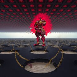 giantess excessive_cum chains gold_chain gold_jewelry voluminous_hair sharp_toenails sharp_fingernails glowing_eyes muscular musk_clouds cum_on_ground filled_with_cum ejaculation tattoo_on_legs ball_tattoo wide_shot implied_drowning artist:(doglong222)