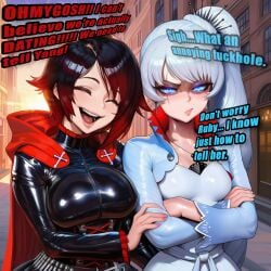 1futa 1girls breasts female futanari futa_on_female large_breasts ai_generated english_text text noobygen voluptuous curvy curvaceous curvaceous_female curvaceous_body weiss_schnee ruby_rose rwby futadom imminent_sex annoyed angry happy grabbing_arm