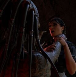 1alien 1female 3d alien ashley_williams black_hair choking female futa_yautja futanari holding_neck human humanoid lifting_person mass_effect passing_out predator_(franchise) ratmanx3d uniform white_skin yautja
