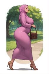 1girls ai_assisted ai_generated black_outline concept_art curvy_female female handbag heels hijab hijabi holding_bag large_ass large_breasts light-skinned_female milf mommy nipple_bulge outdoors park_background pink_clothing rgomez007 self_upload skindentation solo_female stable_diffusion thick_thighs voluptuous walking