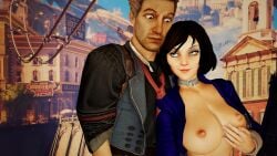 1boy 1girls 3d areolae bioshock bioshock_infinite blue_eyes bolero booker_dewitt breasts breasts_out brown_hair busty choker elizabeth_comstock female flashing_breasts larylovefuta male nipples short_hair tagme