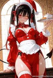 tokisaki_kurumi date_a_live ai_generated kermixx 1girl solo long_hair breasts looking_at_viewer blush smile bangs black_hair red_eyes thighhighs long_sleeves hat dress ribbon holding cleavage twintails medium_breasts closed_mouth tail hair_ribbon yellow_eyes thighs cowboy_shot sweat frills food puffy_sleeves shiny indoors apron red_ribbon cup shiny_skin maid symbol-shaped_pupils maid_headdress clothing_cutout heterochromia red_dress cleavage_cutout juliet_sleeves demon_tail christmas waist_apron white_apron pelvic_curtain santa_hat side_slit tray teacup red_thighhighs teapot holding_tray