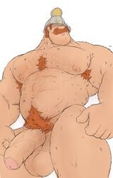 1boy abs bara big_balls big_breasts big_penis clash_(series) clash_royale covered_eyes ginger ginger_male hairy hairy_armpits hairy_chest hairy_penis helmet mighty_miner moustache muscles muscular mustache naked solo solo_male standing supercell tongue_out uncircumcised