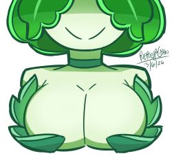 cabbage choker green_eyes green_hair green_skin large_breasts original plant_girl repolyo-chan repolyo_(repolyo-chan) short_hair vegetable_humanoid smile nude leaf_clothing convenient_censoring