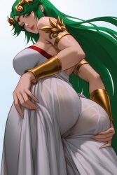 palutena kid_icarus ai_generated faprunner78 green_eyes green_hair long_hair ass round_ass fat_ass bubble_butt breasts natural_breasts big_breasts looking_back holding_ass head_accessory