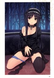 1girls black_eyes black_hair black_legwear breasts choker coffee-kizoku cure_girl dress female gothic_lolita headdress highres jewelry kunimura_kotone lolita_fashion long_hair necklace nipple_slip nipples open_mouth panties panties_around_one_leg panty_pull png pussy_juice single_thighhigh sitting solo thighhighs underwear wariza