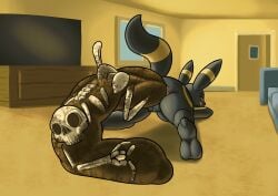 after_vore anus bone butt butt_focus canid canine digestion disposal eeveelution feces female female_pred fox generation_2_pokemon genitals hi_res human human_bones human_prey hyper_feces hyper_scat looking_back mammal nintendo poisonsneksoffie pokemon pokemon_(species) pooping rear_view scat smile smirk solo thick_thighs umbreon vore vulva