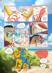 2019 angry animal_genitalia animal_penis anus ass balls beach blush bulge comic dialogue discord_(mlp) english_text equid equine_penis erection falleninthedark fan_character female feral friendship_is_magic hi_res horn horsecock male mammal medial_ring my_little_pony parasol penis princess_celestia_(mlp) pussy seaside sex stepandy straight text towel unicorn