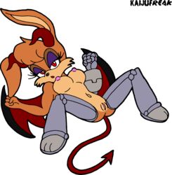 anthro breasts bunnie_rabbot cyborg female fur furry horn kaijufreak lagomorph machine mechanical navel nipples nude plain_background pussy rabbit sega solo sonic_(series) succubus tail transparent_background wings