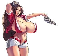 1girls arm_up breasts brown_hair bursting_breasts cleavage color denim_shorts enormous_breasts eu03 fan female female_only huge_breasts king_of_fighters long_hair looking_at_viewer mai_shiranui milf race_queen racing_suit revealing_clothes shorts skindentation solo tagme thick_thighs veiny_breasts white_background