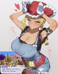 1girls ai_generated arm_tattoo belt big_breasts blonde_hair blush braid breasts cleavage denim farmer female female_only gloves hat huge_breasts kitt_(pokemon) large_breasts long_hair nintendo overalls pokemon pokemon_champions red_hat rucola_(pokemon) sakubanosub tagme tattoo white_gloves
