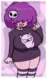 ! 1girl 1girls ? artist_name big_breasts big_thighs breasts curvy_female emo eyes_not_visible female female_focus female_only hair_between_eyes hair_covering_eyes hira.shotgun jellopindrawz logo necklace oc original_character purple_hair rock short_hair simple_background skull smile solo sweater