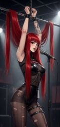1girls ai_generated armpits bondage breasts chains clothed_female female_only goth goth_girl grok grok_(x) hair_bondage hair_fetish hands_tied_above_head indoors large_breasts lighting metal_rod microphone microphone_stand red_hair red_lips solo_female tagme tattoo torn_pantyhose very_long_hair