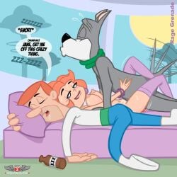 anthro anthro_penetrating anthro_penetrating_human areola astro_(the_jetsons) bed bite biting_lip biting_own_lip bodily_fluids bottomwear breasts canid canine canis cheating_wife clothing container dialogue digital_media_(artwork) domestic_dog drooling drugged english_text eyes_closed female female_human female_penetrated footwear from_front_position fur furniture genital_fluids genitals george_jetson group hanna-barbera hi_res human human_on_anthro human_penetrated infidelity interspecies jane_jetson legwear legwear_only looking_pleasured lying male male/female male_anthro male_penetrating male_penetrating_female mammal mostly_nude narrowed_eyes navel nipples nude on_back on_bed on_front pants penetration penile penis phillipthe2 pillow rage_grenade saliva saliva_string self_bite sex shirt shoes sleeping smile stockings stockings_only substance_intoxication sweat sweatdrop tail tail_motion tailwag text the_jetsons topwear trio vaginal vaginal_penetration