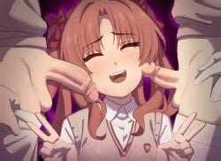 1girls 2d 2futas animated blush cheeks clothed cum cum_in_mouth cum_on_face cum_string double_peace_sign ejaculation embarrassed facial futa_on_female futanari great_celacanto_(gcelacanto/inmortalgreat) imminent_fellatio imminent_oral imminent_rape imminent_sex large_penis lecheryamoreva macstarva misaka_mikoto opennsfwsp peace_sign penis_on_cheek penis_on_face poking_cheek saliva saliva_trail school_uniform shirai_kuroko shokuhou_misaki shorter_than_30_seconds shorter_than_one_minute sleepy_frippy smile sound switchyvalva tagme to_aru_kagaku_no_railgun to_aru_majutsu_no_index video white_thighhighs