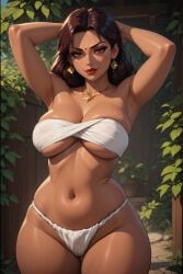 stable_diffusion ai_assisted ai_generated rgomez007 thick_thighs wide_hips pelvic_line hourglass_figure skindentation voluptuous female solo_female 1girls arms_behind_head armpits armpit_crease standing large_breasts bursting_breasts underboob cleavage midriff belly_button brunette_hair red_eyes loose_hair long_hair eyelashes thick_lips lipstick eyeshadow seductive_look slight_smile looking_at_viewer smiling_at_viewer stern_expression indian_female indian bindi skimpy_clothes revealing_clothes necklace earrings self_upload sarashi fundoshi warm_lighting afternoon shed backyard plants