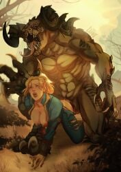 absurd_res anthro balls blonde_hair blue_eyes breasts claws clothing deathclaw doggystyle duart duo fallout female from_behind_position genitals hair hi_res horn human jumpsuit male male/female mammal medium_story microsoft monster nipples penetration penis pip-boy scalie sex tongue torn_clothing vaginal vaginal_penetration wasteland