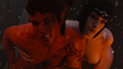 2girls 3d 3d_(artwork) 3d_model 3d_render athletic_female baldur's_gate baldur's_gate_3 black_hair blender_(software) breasts broken_horn dungeons_and_dragons elf erffy fantasy forgotten_realms green_eyes half-elf horns karlach licking_lips light-skinned_female light_skin looking_at_viewer makeup medieval_fantasy muscular muscular_female naked naked_female nude nude_female orange_eyes pointy_ears red-skinned_female red_hair red_skin scar scars shadowheart shadowheart_(baldur's_gate) tattoo tattooed_arm tattooed_female tattoos tiara tiefling tiefling_girl