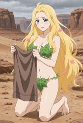1girls blonde_hair blue_eyes breasts brown_towel desert eve_(shuumatsu_no_valkyrie) female female_only fig_leaf kneeling leaf_bikini leaf_on_crotch nude nude_female pale_skin shuumatsu_no_valkyrie solo solo_female towel