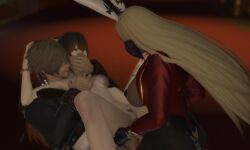 1boy 1futa 1girls 3d alearxiv anal_penetration au_ra beard black_hair blonde_hair brown_hair bunny_ears bunnysuit cat_ears covering_mouth dark-skinned_futa double_penetration eyes_rolling_back female final_fantasy final_fantasy_xiv futanari groping horn hyur light-skinned_female light-skinned_male male miqo'te necklace orange_eyes pasties self_upload smirk vaginal_penetration