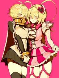 2girls black_skirt blonde_hair blush bow breast_press breasts cape chain chained chained_wrists cleavage clone commentary_request covered_mouth cuffs don_quixote_(limbus_company) don_quixote_(project_moon) dress dual_persona e.g.o_(project_moon) handcuffs heart highres in_the_name_of_love_and_hate_(e.g.o) index_(identity)_(project_moon) index_don_quixote large_breasts limbus_company lobotomy_corporation_(identity)_(project_moon) looking_at_viewer multiple_girls pink_background pink_bow pink_dress pink_skirt project_moon ritaritatter96 short_hair simple_background skirt smile symmetrical_docking thighhighs tongue tongue_out yellow_eyes