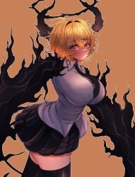 1girls 2d 2d_(artwork) arms_up black_necktie black_skirt blonde_hair breasts cape chained chained_wrists chains collar cuffs don_quixote_(limbus_company) female gloves handcuffs index_(identity)_(project_moon) index_don_quixote jacket large_breasts limbus_company long_sleeves looking_at_viewer necktie project_moon shirt short_hair simple_background skirt solo thighhighs underwear white_background white_cape white_shirt yellow_eyes